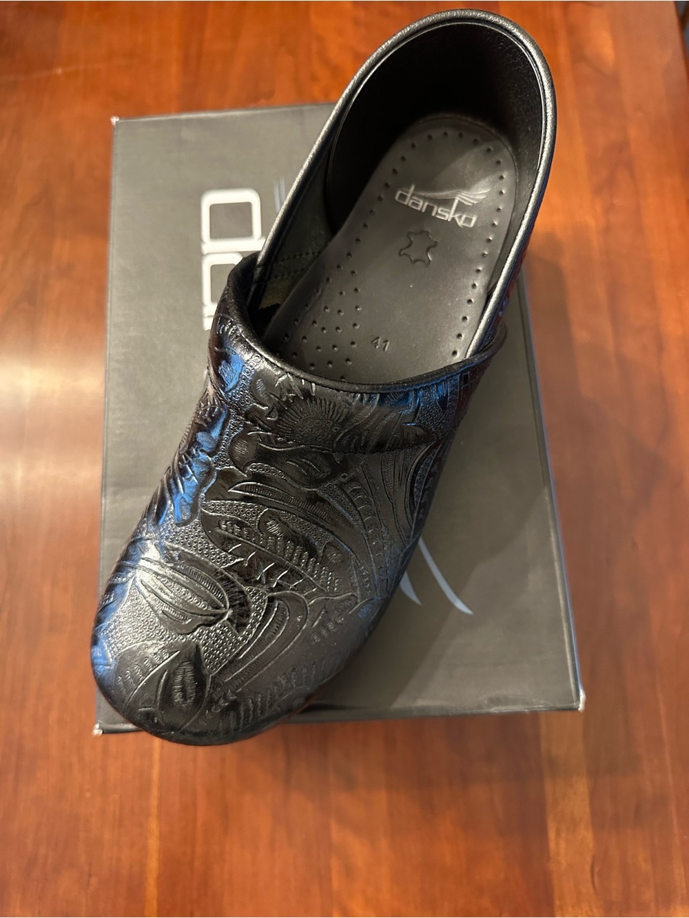 Dansko Black Embossed Leather Clog Mule